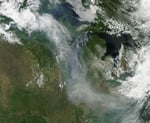 NASA satellite view of smoke from Canadian wildfires drifting south into the United States
