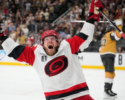 Carolina Hurricanes players celebrate winning the 2026 Stanley Cup after defeating the Vegas Golden Knights 3-0 in Game 6 at T-Mobile Arena Las Vegas