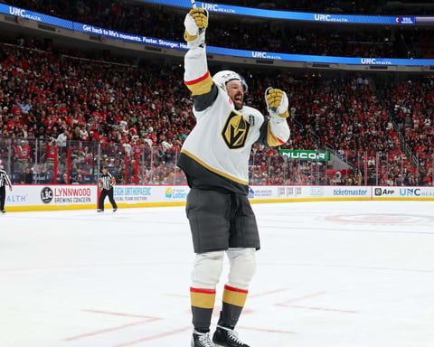 Carter Hart in net for Vegas Golden Knights during Game 1 of the Stanley Cup Final against Carolina Hurricanes