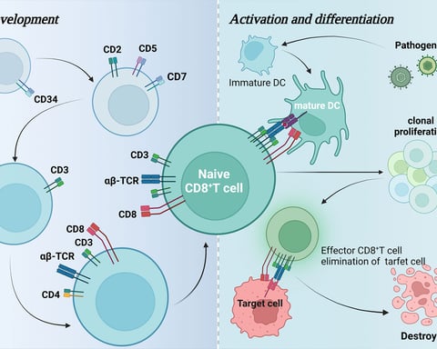 Scientific diagram showing CD8+ T cell development, activation, and differentiation stages in cancer immunotherapy