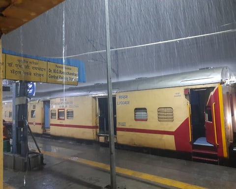 Chennai Central railway station seen through heavy rain