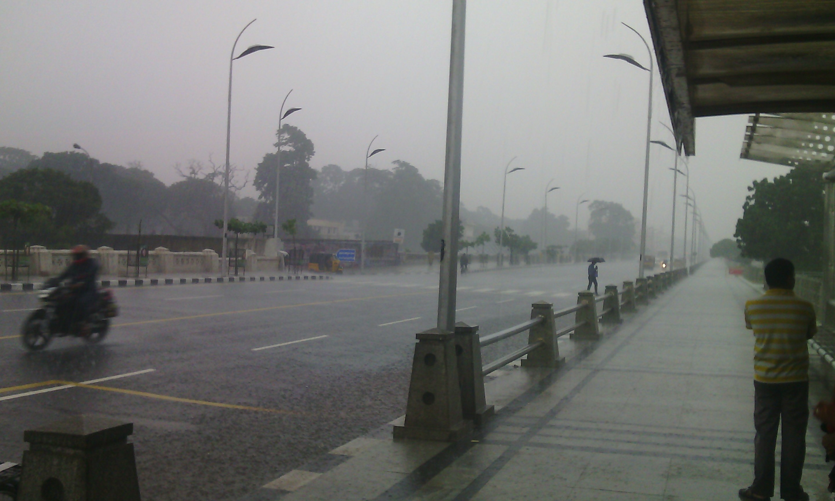 A wet street near the Marina in Chennai on a rainy day