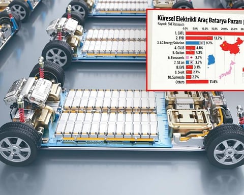 Chart showing China's 71.4 percent global EV battery market share in Q1 2026, led by CATL and BYD