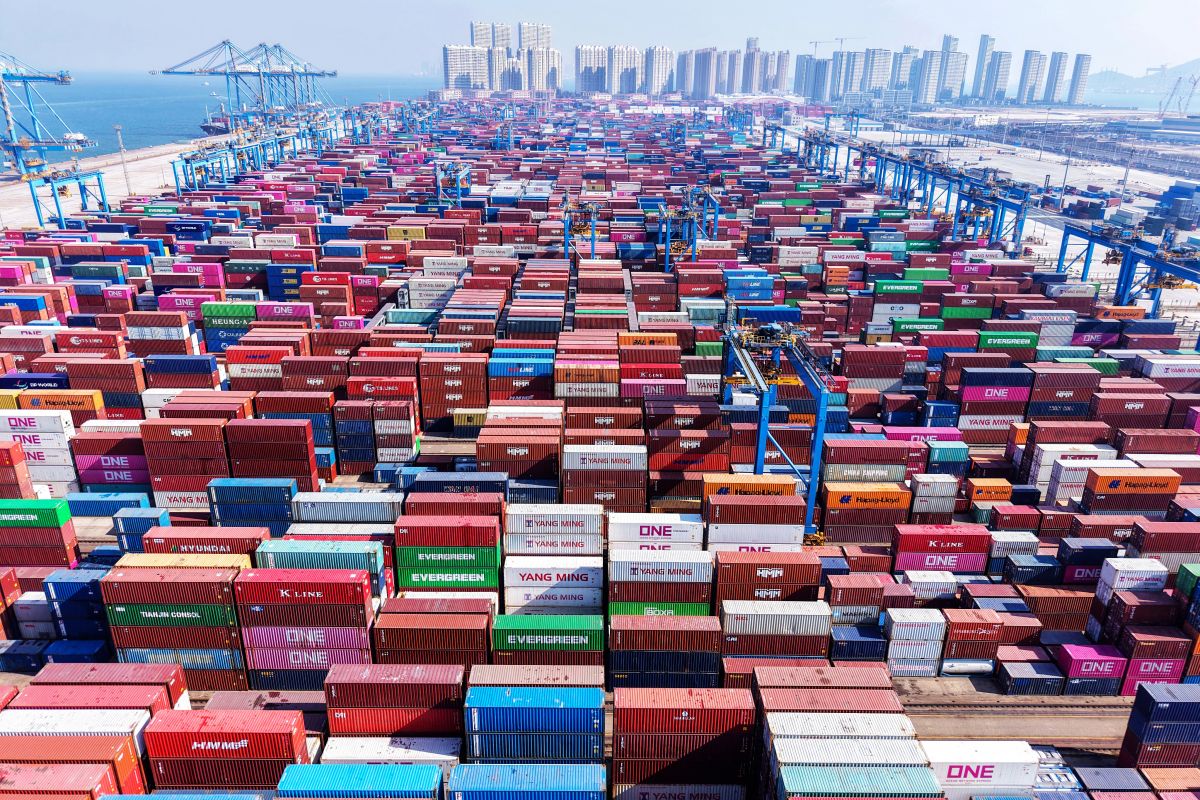 Shipping containers stacked at Qingdao port in China
