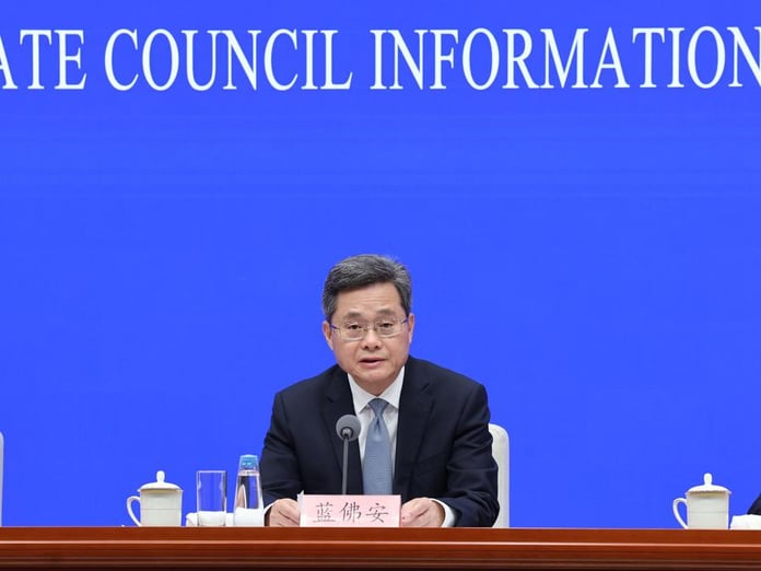 Chinese Finance Minister Lan Fo'an speaks at press conference on China government debt fiscal policy Beijing