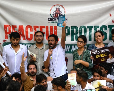 Cockroach Janta Party founder Abhijeet Dipke shouts slogans during the protest over NEET exam irregularities at Jantar Mantar in New Delhi