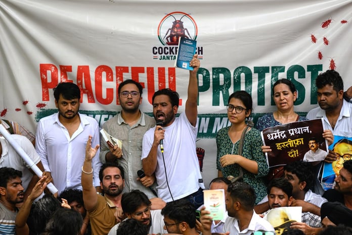 Supporters of the Cockroach Janta Party protest near Parliament at Jantar Mantar in New Delhi on June 6 2026