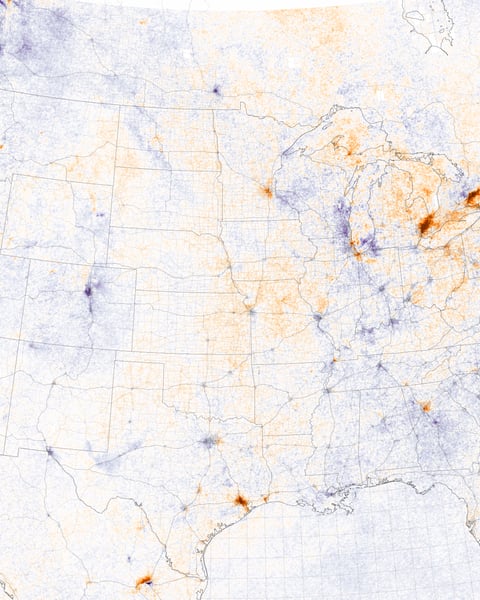 NASA TROPOMI satellite image of nitrogen dioxide concentrations across the continental United States showing the largest urban and industrial source regions