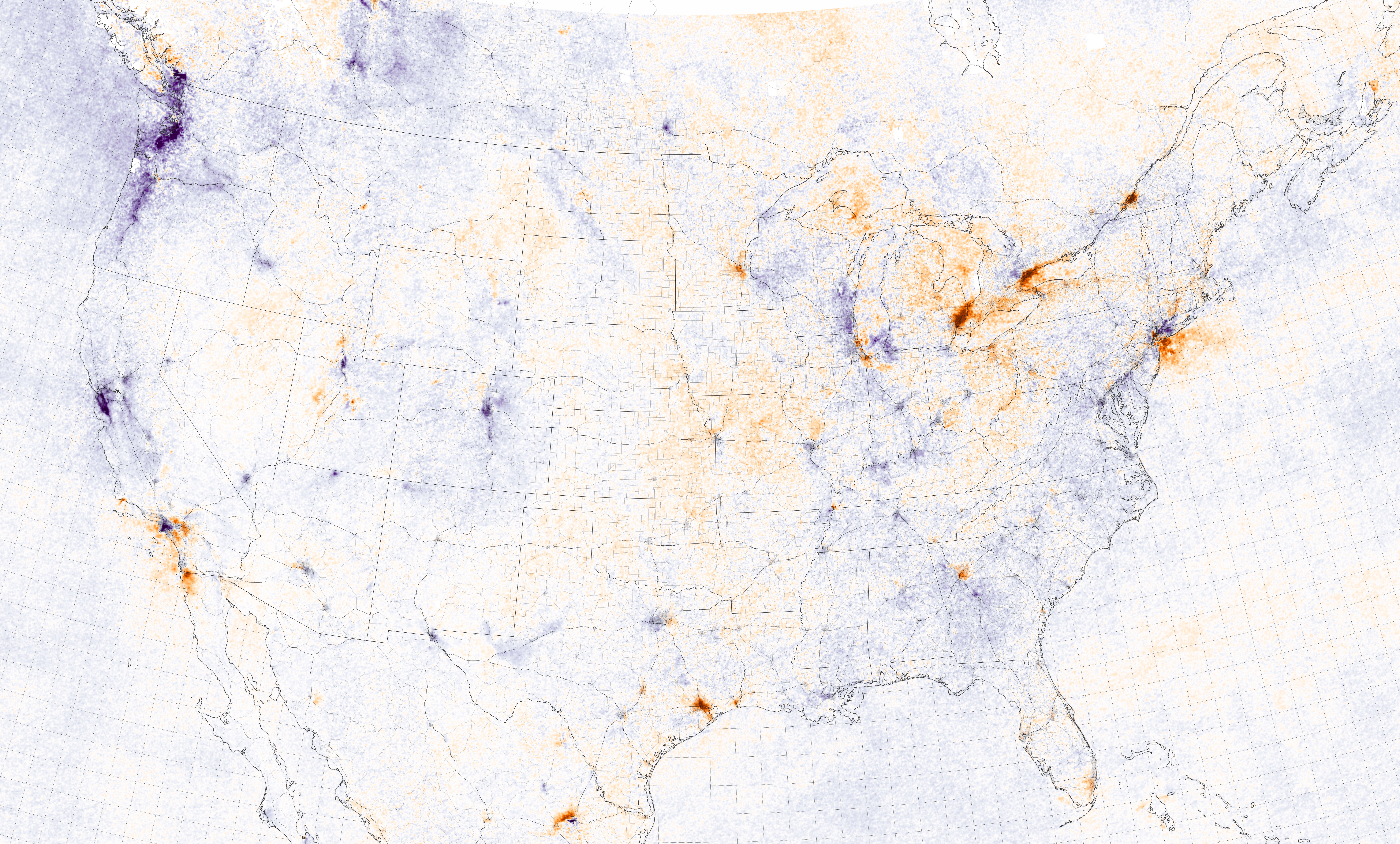 NASA TROPOMI satellite image of nitrogen dioxide concentrations across the continental United States showing the largest urban and industrial source regions