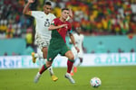 Cristiano Ronaldo celebrates after scoring his historic goal at the 2022 FIFA World Cup against Ghana, becoming the first man to score at five World Cups