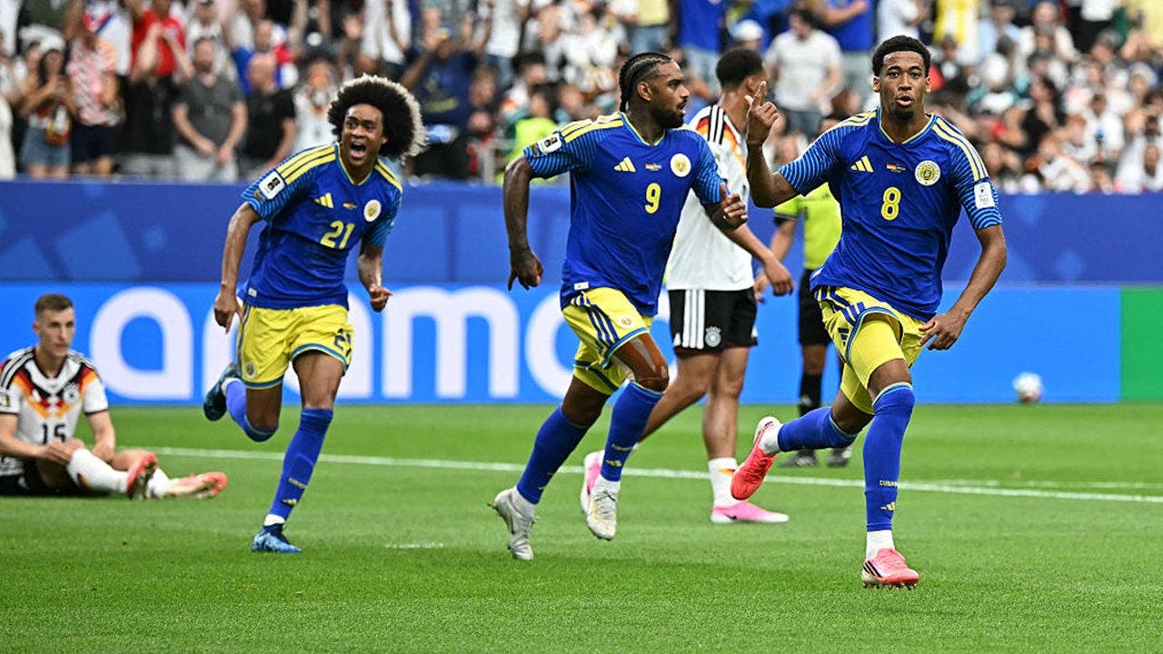 Livano Comenencia of Curaçao celebrates scoring the island nation's first-ever World Cup goal against Germany at NRG Stadium, Houston, June 14, 2026