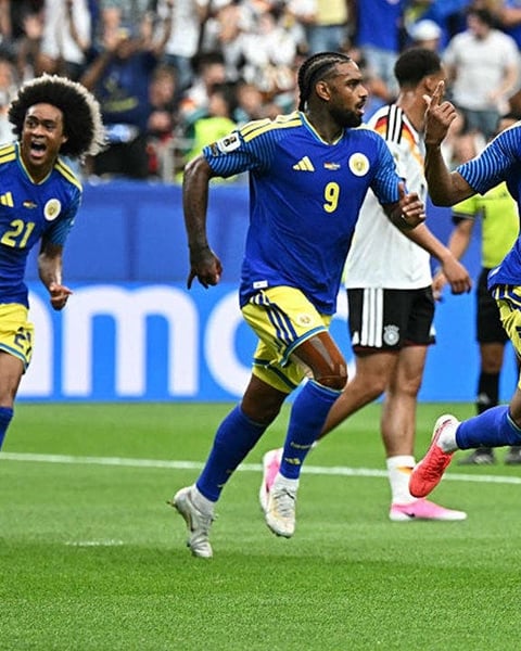 Livano Comenencia of Curaçao celebrates scoring the island nation's first-ever World Cup goal against Germany at NRG Stadium, Houston, June 14, 2026