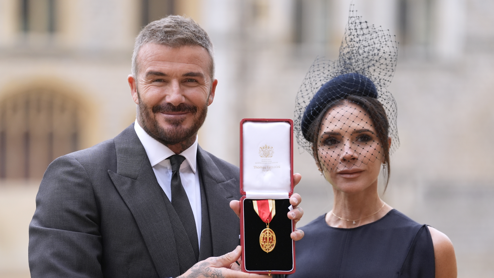 Sir David Beckham and Victoria Beckham at the knighthood investiture ceremony at Windsor Castle, November 4, 2025