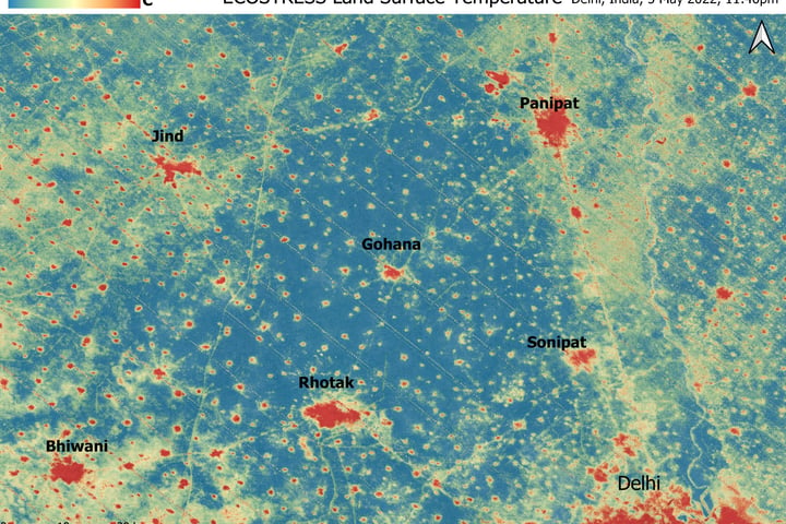 NASA ECOSTRESS thermal satellite image showing urban heat islands in Delhi during an Indian heat wave
