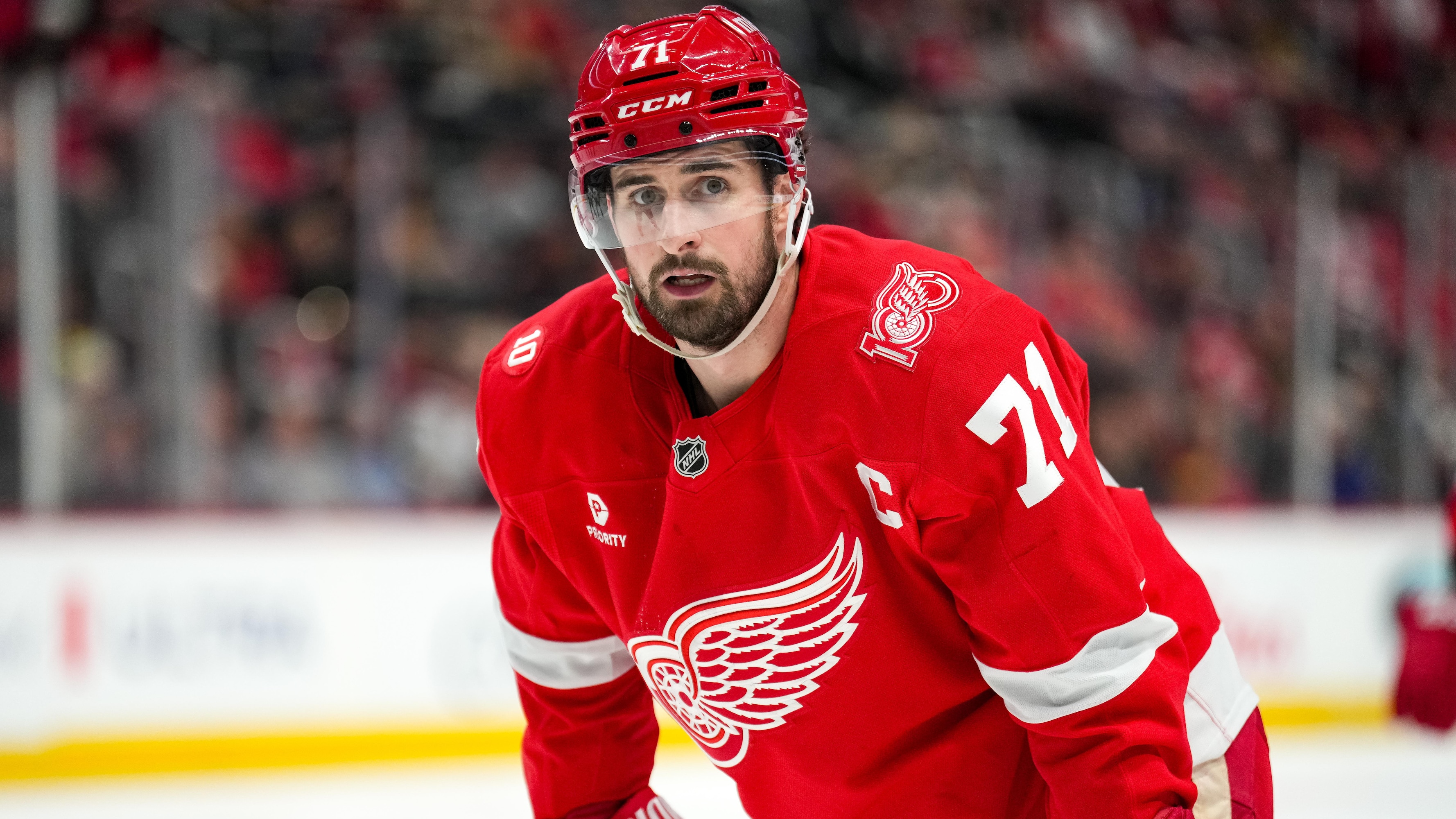 Dylan Larkin of the Detroit Red Wings on ice during an NHL game
