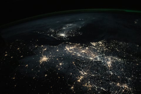 Aerial night photograph of Birmingham, United Kingdom showing the city's lights with Edgbaston Stadium district in the south, taken from the International Space Station