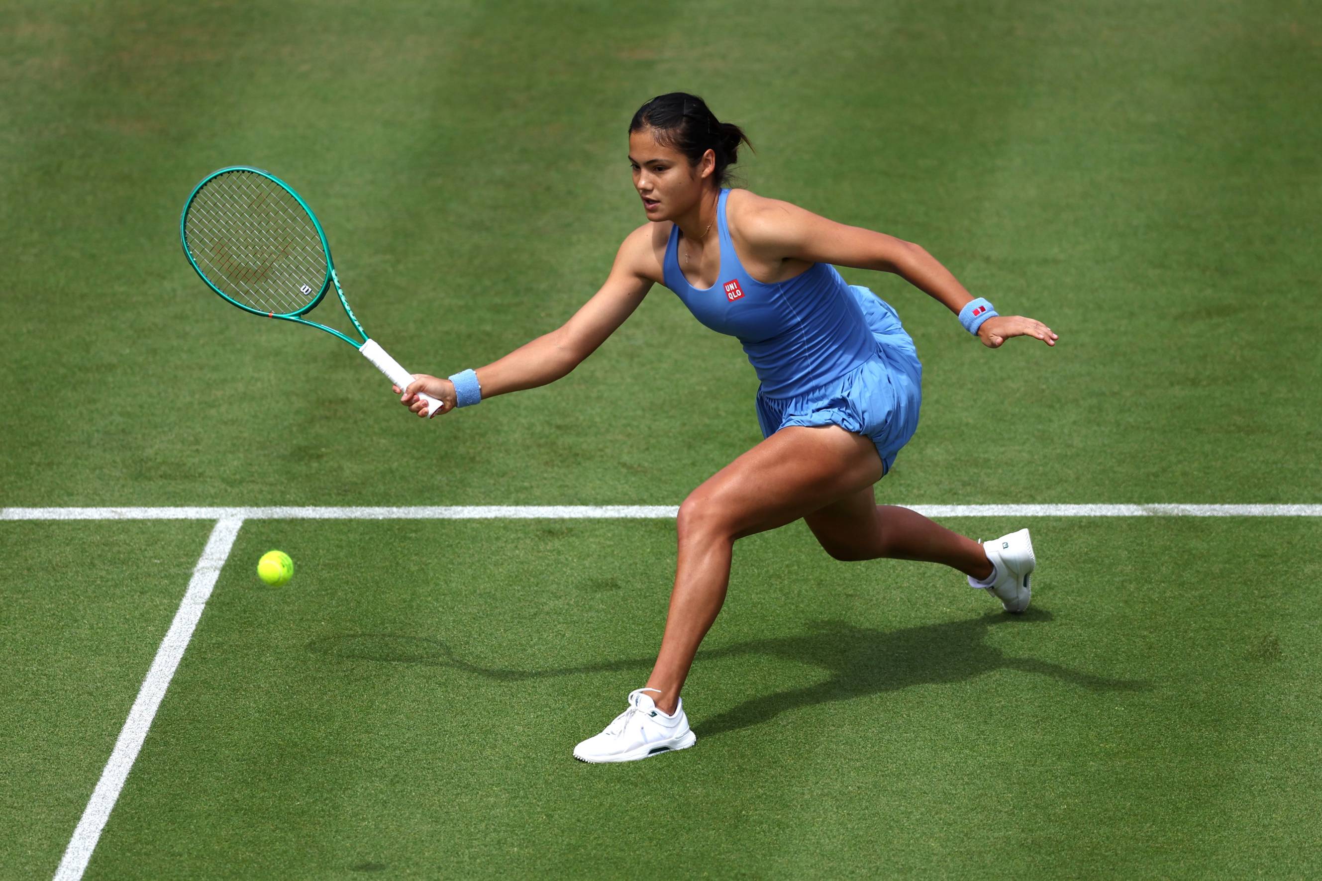Emma Raducanu in action at the Queen's Club Championships 2026, where she reached the final before her leg injury worsened