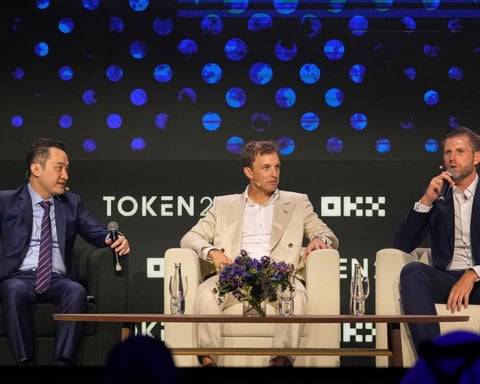 Eric Trump speaks at a cryptocurrency event alongside World Liberty Financial co-founders