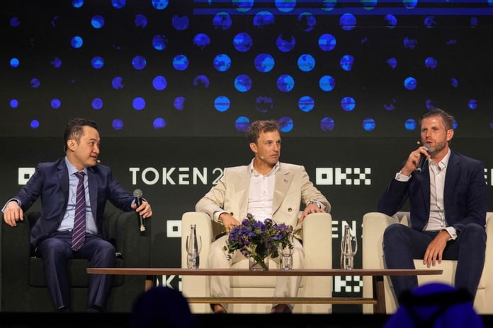 Eric Trump speaks at a cryptocurrency event alongside World Liberty Financial co-founders