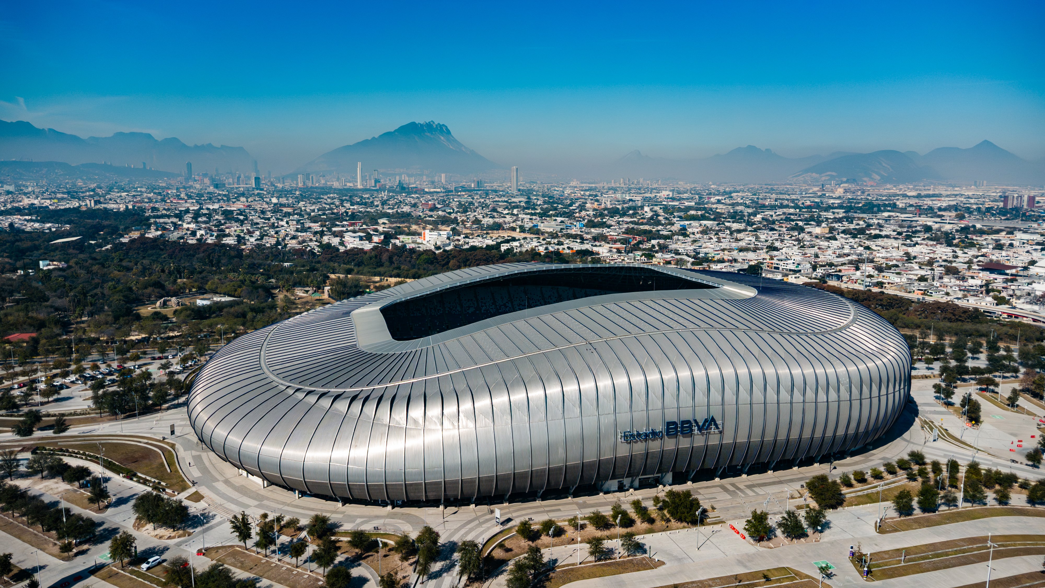 Aerial view of Estadio BBVA in Monterrey, Mexico, a 2026 FIFA World Cup host venue