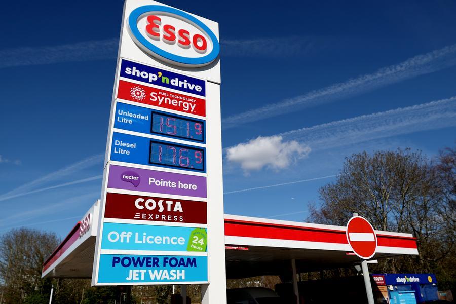 Gas prices displayed at a petrol station in London, Britain, March 26, 2026, as Europe gasoline prices surge from Strait of Hormuz blockade
