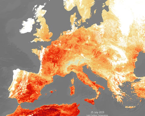 ESA satellite image showing the extreme heat dome gripping Europe during the June 2026 heatwave, with temperatures exceeding 45C in Spain and 38C in France and the UK