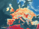 Copernicus Sentinel-3 satellite image showing land surface temperatures across southern Europe during the 2026 heatwave, with red and purple areas indicating temperatures exceeding 50 degrees Celsius