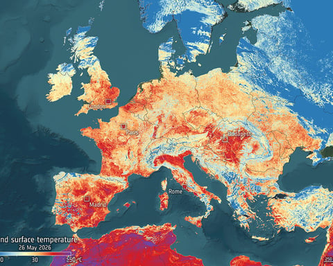 Copernicus Sentinel-3 satellite image showing land surface temperatures across southern Europe during the 2026 heatwave, with red and purple areas indicating temperatures exceeding 50 degrees Celsius