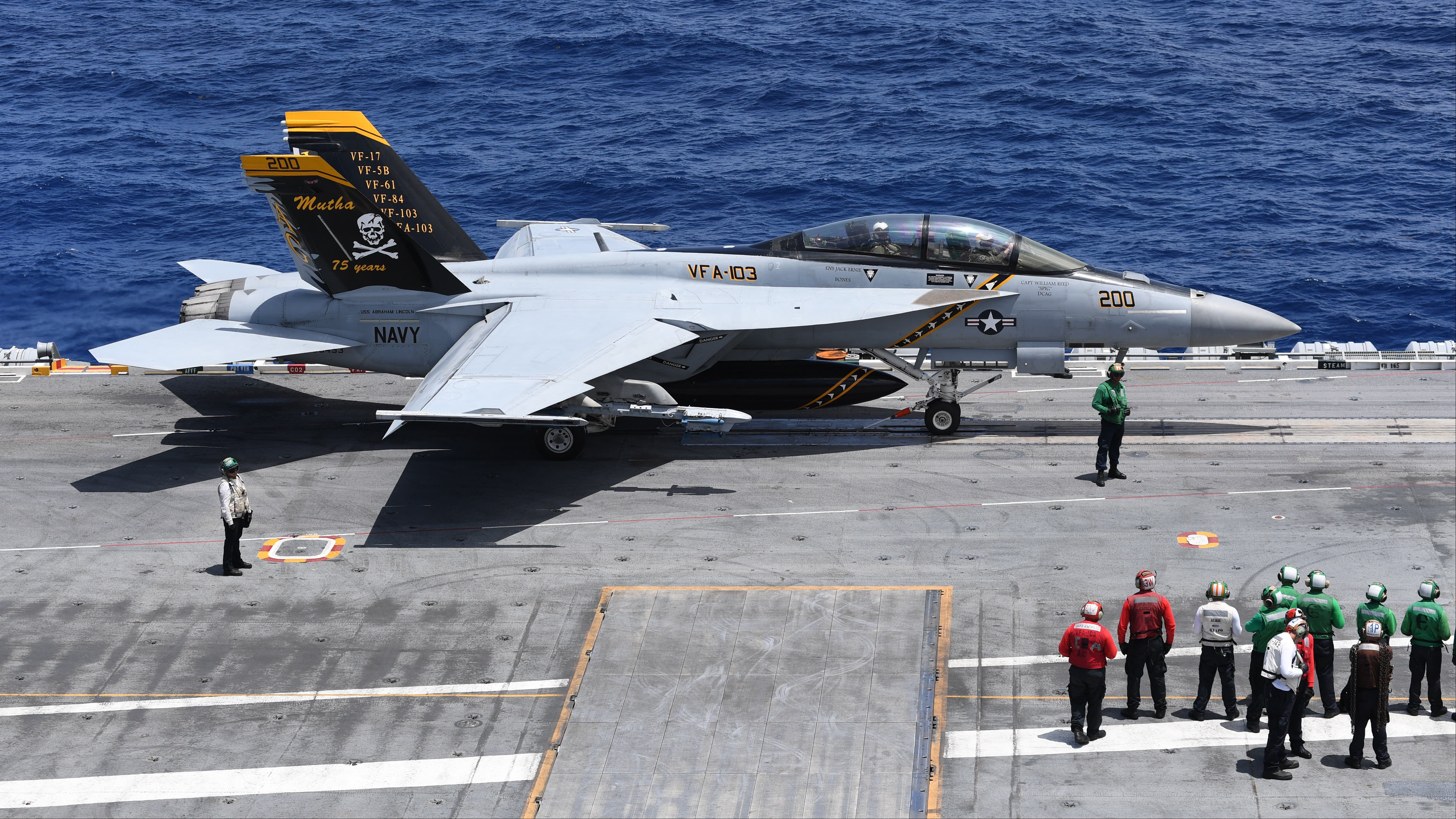 An F/A-18F Super Hornet aboard the aircraft carrier USS Abraham Lincoln, the type of jet that fired on the MT Marivex