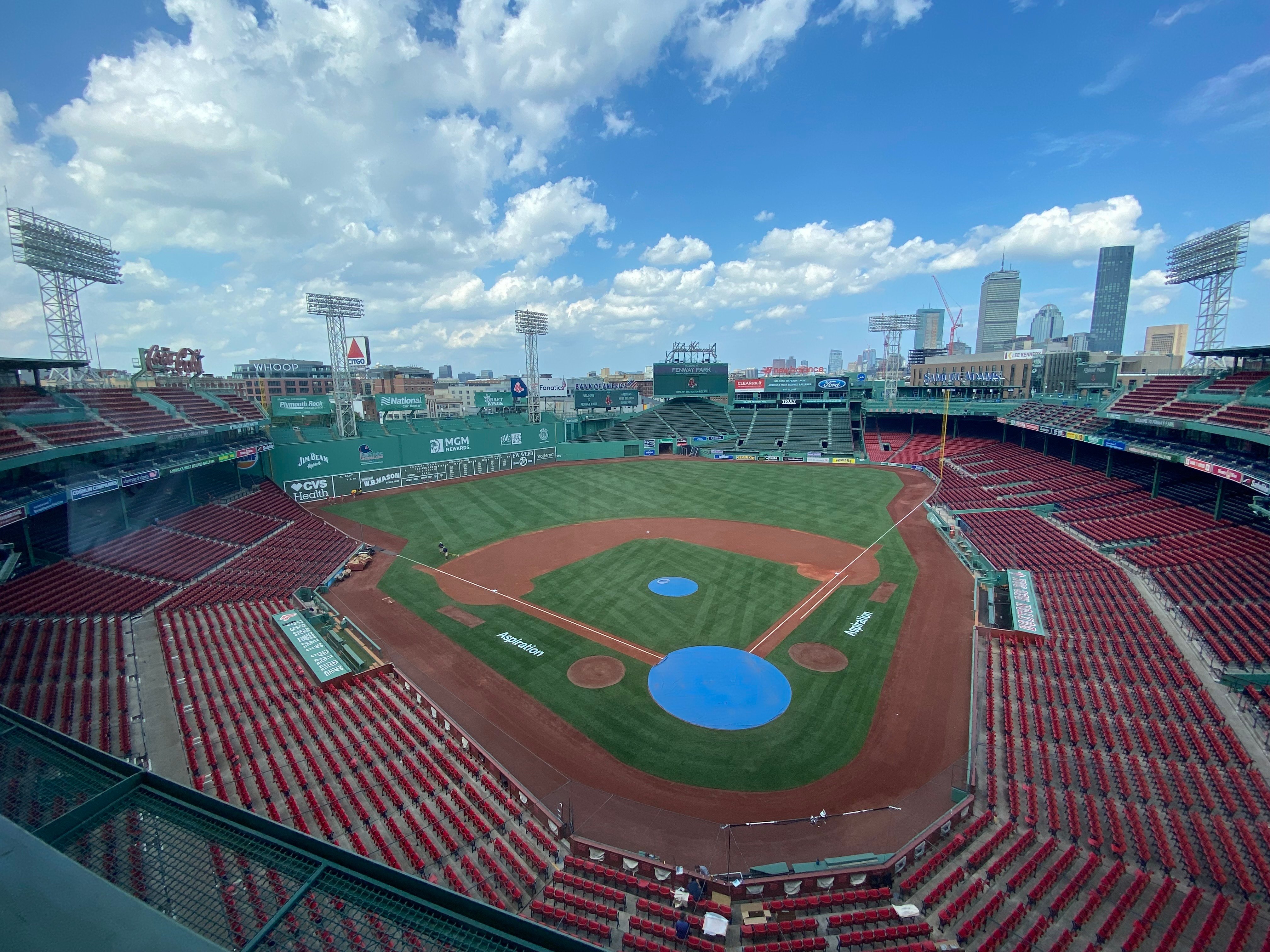 View of Fenway Park and the field from the press box, home of the Boston Red Sox