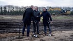 Danish Economy Minister Morten Boedskov and Fire Point Denmark Director Viacheslav Bondarchuk at the groundbreaking ceremony for the Ukrainian missile fuel plant in Vojens, Denmark, December 1, 2025