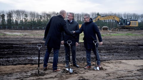 Danish Economy Minister Morten Boedskov and Fire Point Denmark Director Viacheslav Bondarchuk at the groundbreaking ceremony for the Ukrainian missile fuel plant in Vojens, Denmark, December 1, 2025