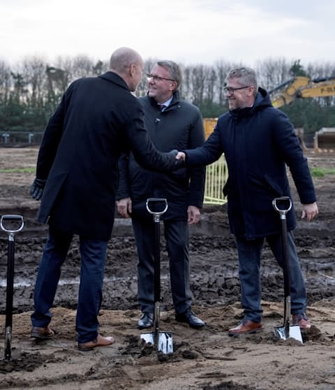 Danish Economy Minister Morten Boedskov and Fire Point Denmark Director Viacheslav Bondarchuk at the groundbreaking ceremony for the Ukrainian missile fuel plant in Vojens, Denmark, December 1, 2025