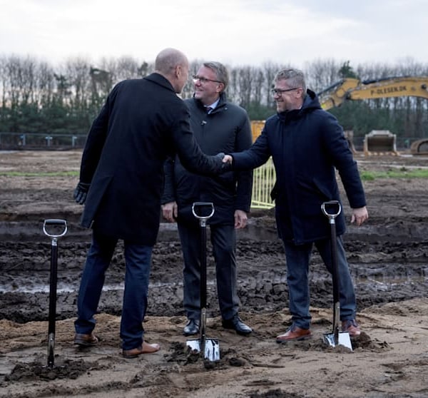 Danish Economy Minister Morten Boedskov and Fire Point Denmark Director Viacheslav Bondarchuk at the groundbreaking ceremony for the Ukrainian missile fuel plant in Vojens, Denmark, December 1, 2025