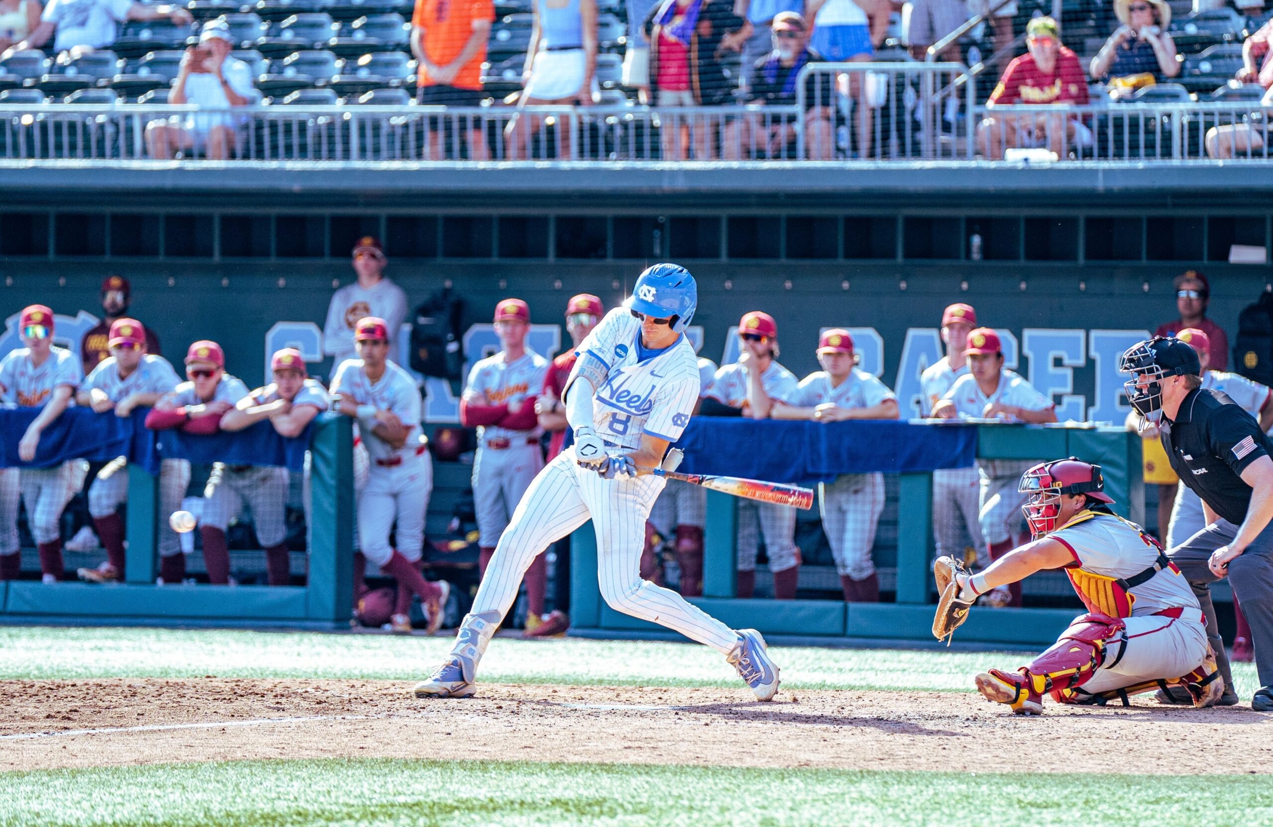 UNC infielder Gavin Gallaher celebrates during the 2026 Super Regional win over USC at Boshamer Stadium