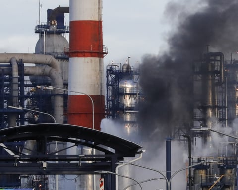 Smoke billows from a Gazprom Neft oil refinery in Russia