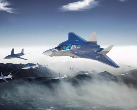 FCAS next-generation fighter jet mock-up with swarm of drones, Germany post-FCAS Airbus proposal
