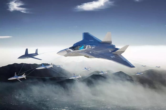 FCAS next-generation fighter jet mock-up with swarm of drones, Germany post-FCAS Airbus proposal