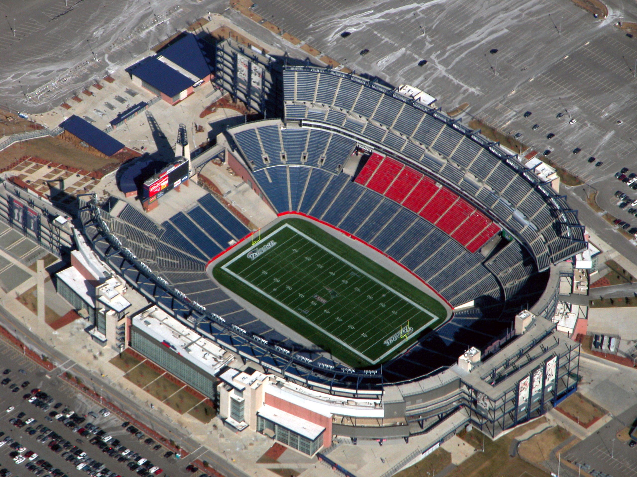 Aerial top view of Gillette Stadium in Foxborough Massachusetts hosting the 2026 World Cup France vs Norway Group I match