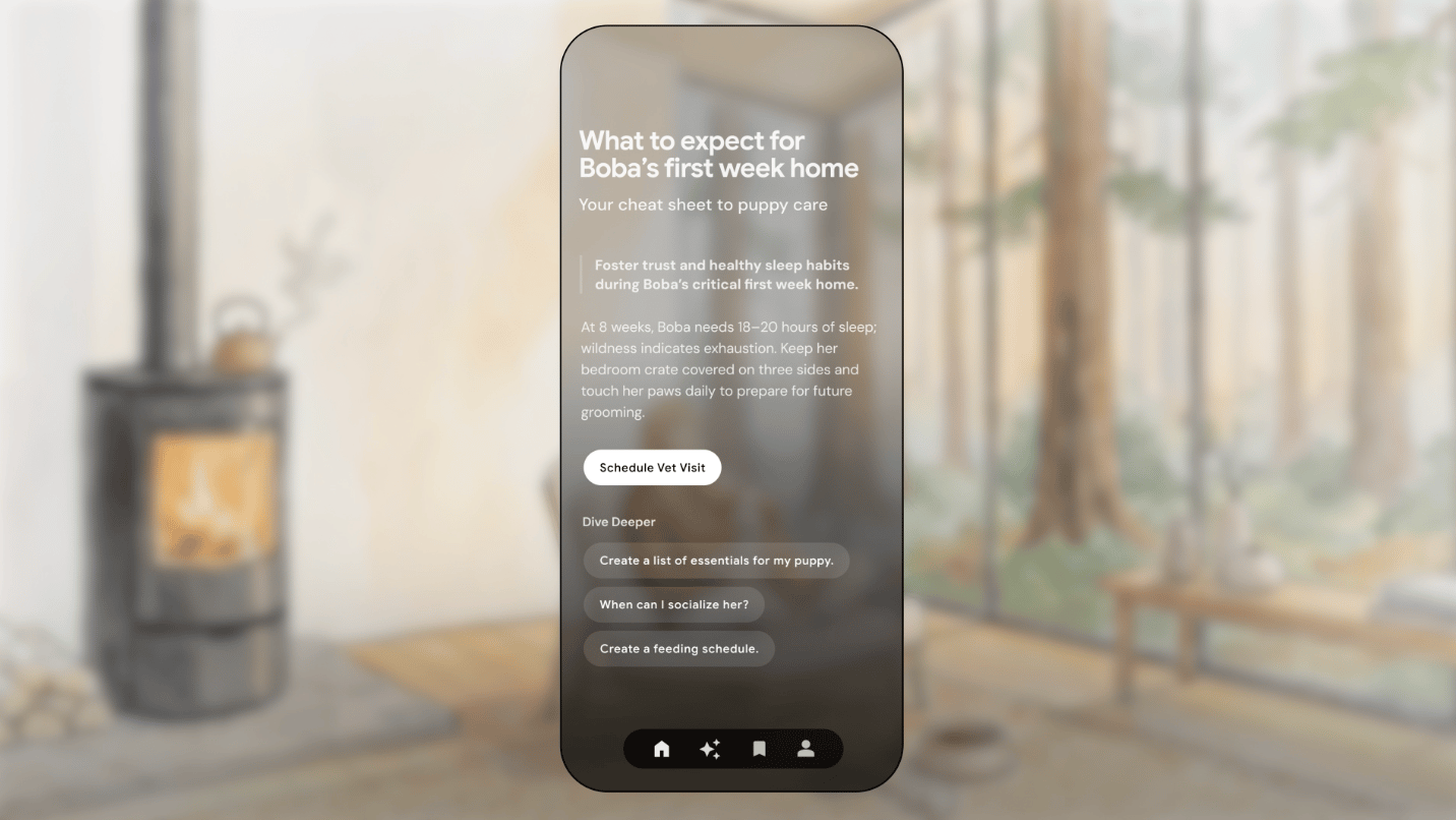 Google Dreambeans app story detail view showing personalized AI-illustrated content and recommendations