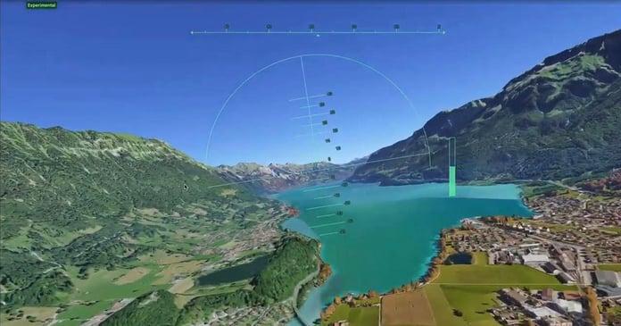 Google Earth flight simulator browser view showing satellite terrain and aircraft controls
