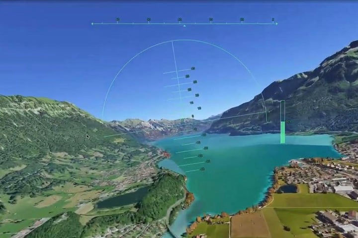 Google Earth flight simulator browser view showing satellite terrain and aircraft controls
