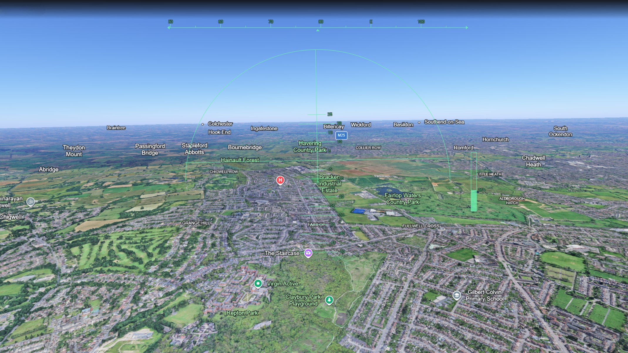 Google Earth flight simulator web interface showing aerial view over London with satellite imagery