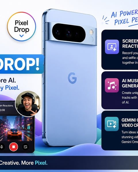 Google Pixel Drop promotional image showing Screen Reactions and Gemini Omni features