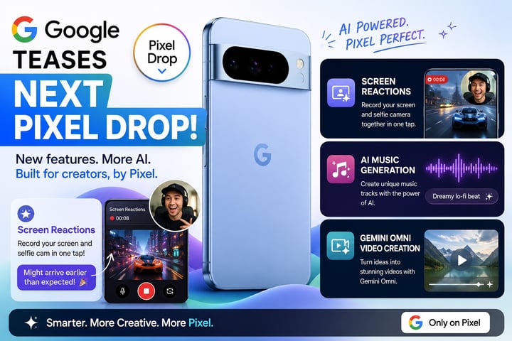 Google Pixel Drop 2026 tease showing Screen Reactions Gemini Omni video and AI music generation