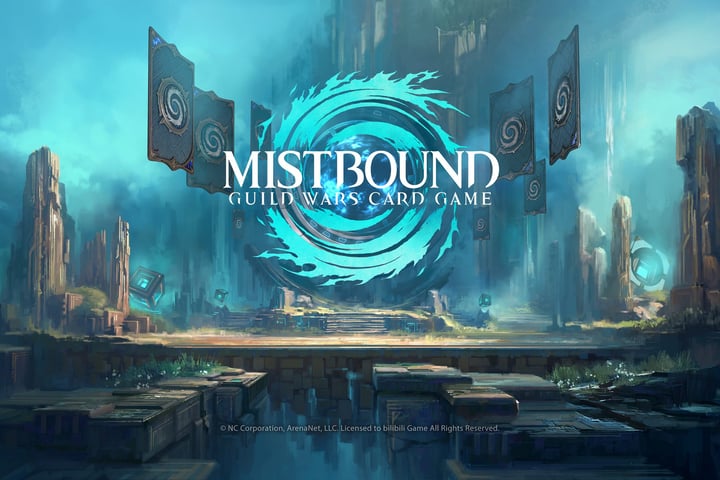Guild Wars Mistbound key art featuring tactical card battles and iconic Tyria characters