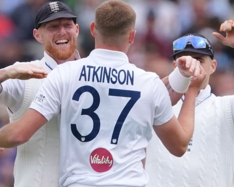 Gus Atkinson celebrates with Ben Stokes after England beat New Zealand at Lord's first Test 2026