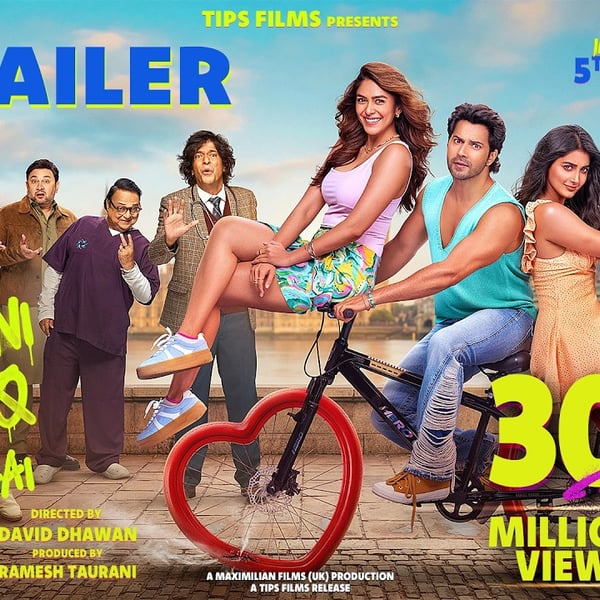 Hai Jawani Toh Ishq Hona Hai poster featuring Varun Dhawan, Mrunal Thakur, and Pooja Hegde