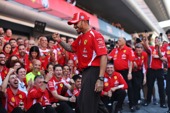 Lewis Hamilton celebrates his first Formula 1 win for Ferrari at the 2026 Barcelona-Catalunya Grand Prix