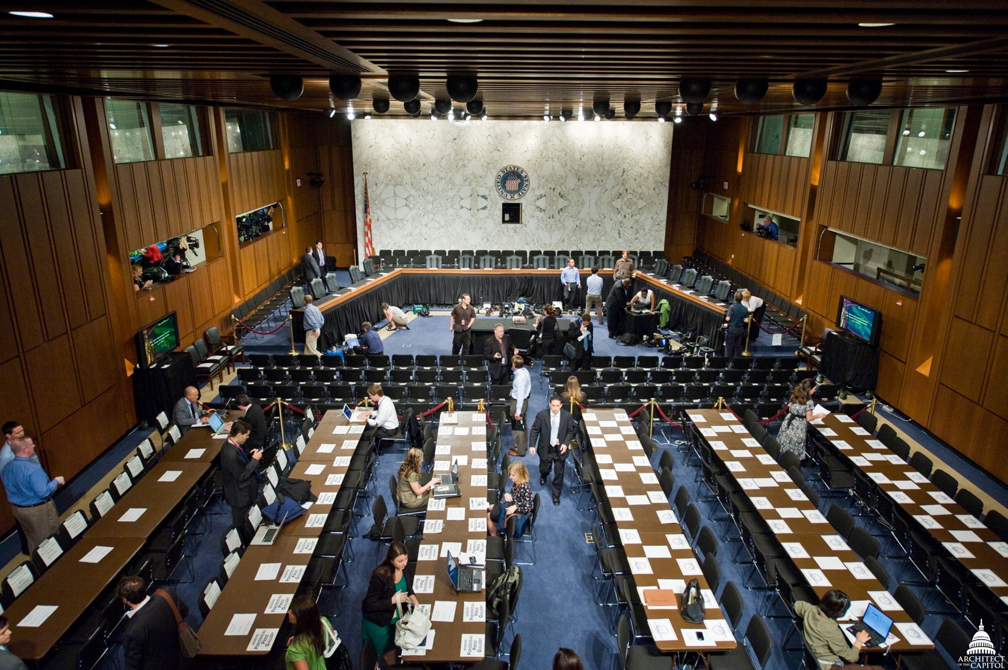 A Senate hearing room in the Hart Senate Office Building where lawmakers are considering AI export control legislation targeting Chinese technology companies